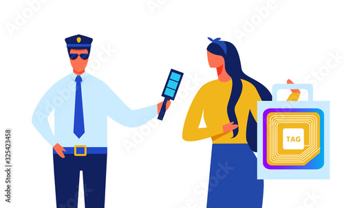 Policeman Identify Lady with RFID Tag Transponder Illustration. Radio Frequency Identification Chip. Cartoon People Characters. Human Microchip NFC Implant. Nano Technology Flat Vector Illustration
