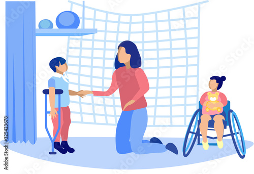 Physiotherapist Working with Little Disabled Kids Cartoon. Handicapped Pretty Girl Sitting in Wheelchair and Holding Teddy Bear. Boy with Leg Injury on Standing with Crutch. Vector Flat Illustration