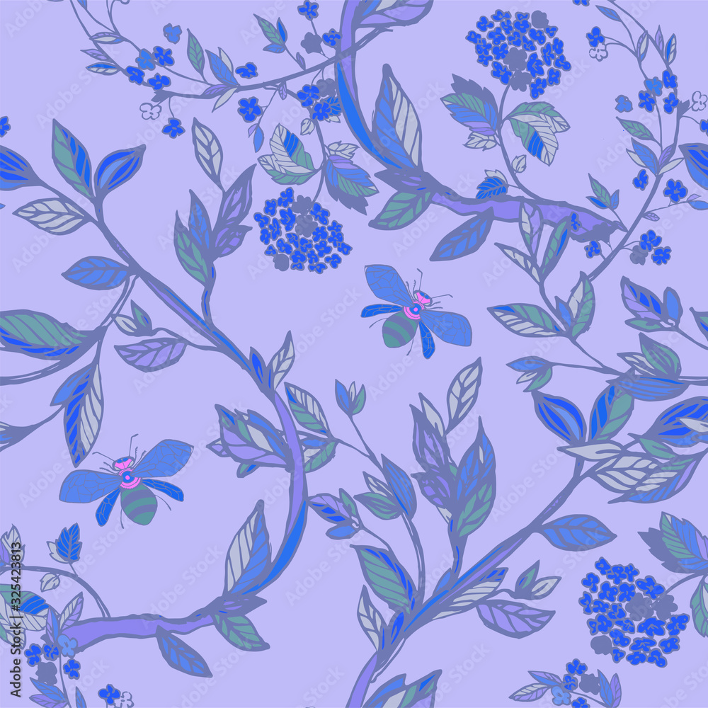 Branches of flowering trees vector illustration. Seamless pattern with bees, twigs, leaves and flowers Branches of flowering trees vector illustration. Seamless pattern with bees, twigs, leaves and flowers