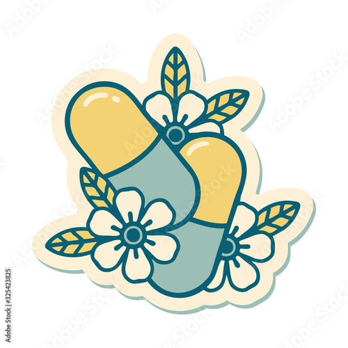 tattoo style sticker of pills and flowers