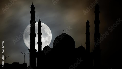 Beautiful Hazrat Sultan Mosque, Time Lapse by Night with Full Moon, Kazakhstan photo