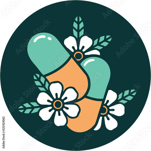 tattoo style icon of pills and flowers
