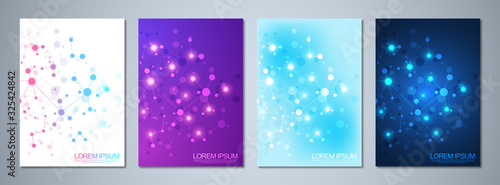 Set of template brochures or cover design  book  flyer  with molecules background and neural network. Abstract geometric background of connected lines and dots. Science and technology concept.