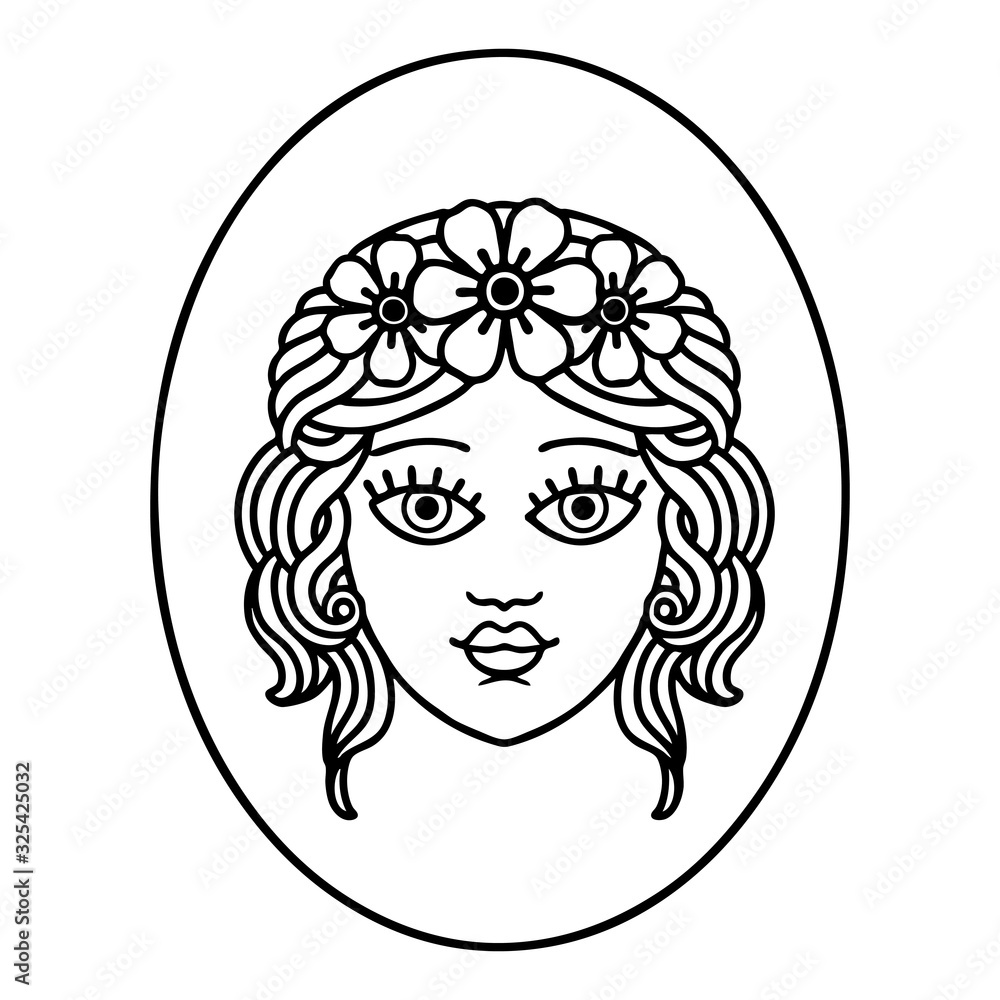 black line tattoo of a maiden with crown of flowers black line tattoo of a maiden with crown of flowers