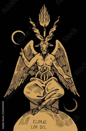 Goat headed demon Baphomet with torch on top of his head and big black wings siting an pointing with his hands on two moons.