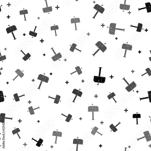 Black Mail box icon isolated seamless pattern on white background. Mailbox icon. Mail postbox on pole with flag. Vector Illustration