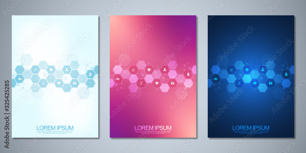 Template brochure or cover book, page layout, flyer design. Concept and idea for health care business, innovation medicine, pharmacy, technology. Medical background with flat icons and symbols.