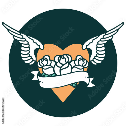 tattoo style icon of a heart with wings flowers and banner