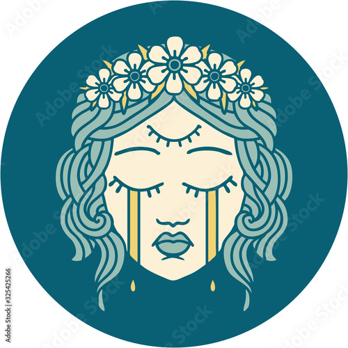 tattoo style icon of female face crying with third eye
