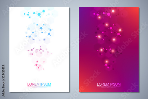 Templates brochure or cover book, page layout, flyer design with abstract background of molecular structures and DNA strand. Concept and idea for innovation technology, medical research, science.