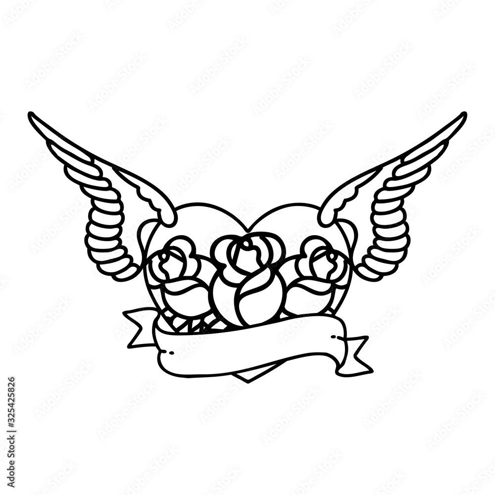 black line tattoo of a flying heart with flowers and banner black line tattoo of a flying heart with flowers and banner