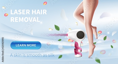 Laser Hair Removal. Light Feathers and Flower Petals Flying around Smooth Skin Silk Woman Legs Epilated with Modern Epilator. Beauty Care. 3D Vector Realistic Illustration, Poster, Horizontal Banner