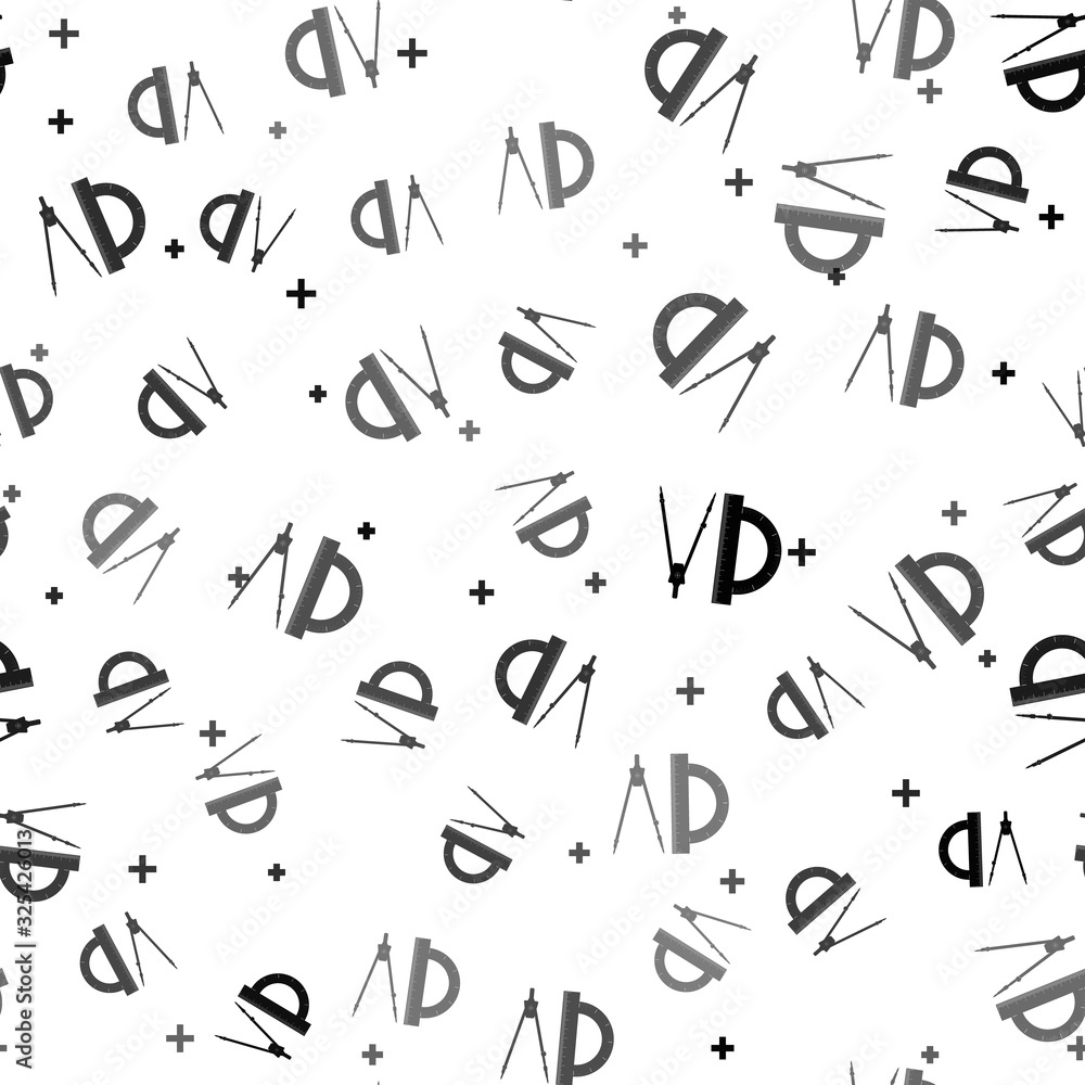 Black Protractor and drawing compass icon isolated seamless pattern on white background. Drawing professional instrument. Geometric equipment. Education sign. Vector Illustration Black Protractor and drawing compass icon isolated seamless pattern on white background. Drawing professional instrument. Geometric equipment. Education sign. Vector Illustration