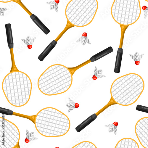 Seamless pattern with badminton rackets and shuttlecocks in flat style.