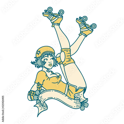 tattoo style icon of a pinup roller derby girl with banner