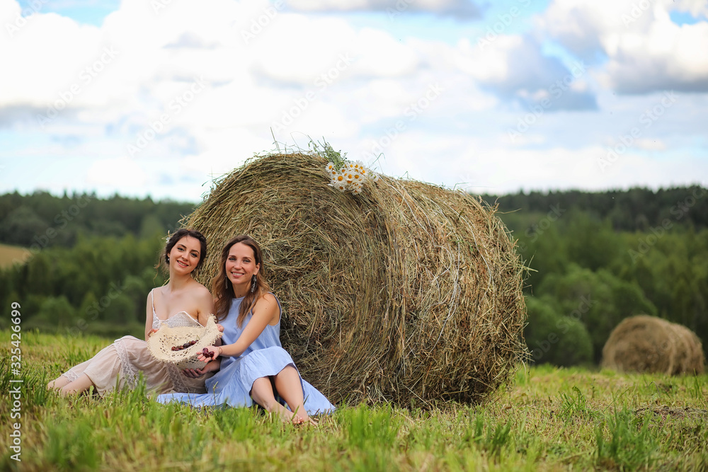 Two girls in dresses in summer field Two girls in dresses in summer field