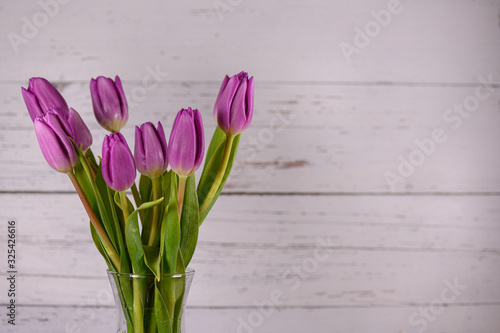 Close up of Tulip bouquet in clear vase on white wood background left of center on page 