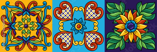 Mexican talavera ceramic tile pattern. Decoration with ornamental flowers.
