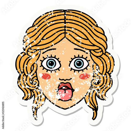 traditional distressed sticker tattoo of female face sticking out tongue