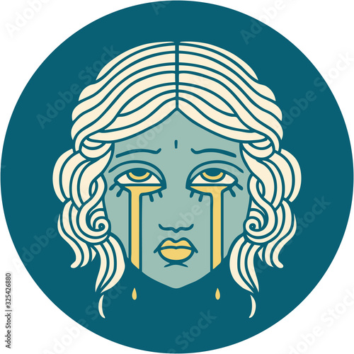 tattoo style icon of female face crying