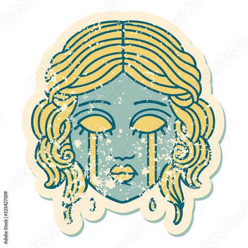 distressed sticker tattoo style icon of female face crying