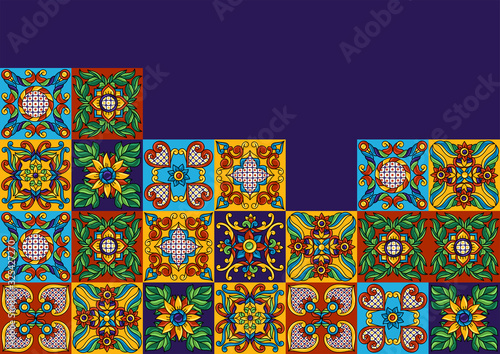 Mexican talavera ceramic tile pattern. Decoration with ornamental flowers.