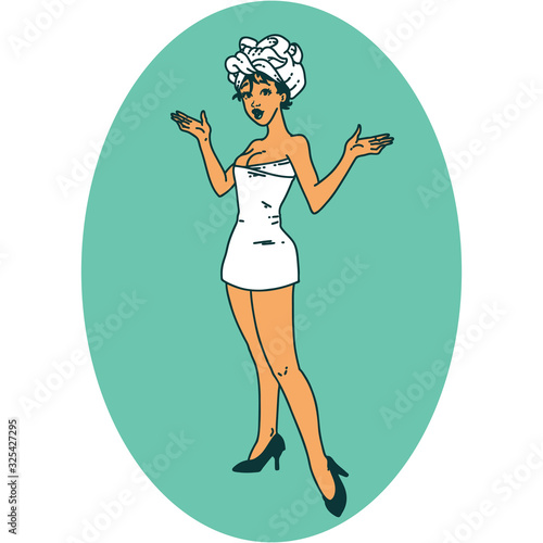 tattoo style icon of a pinup girl in towels