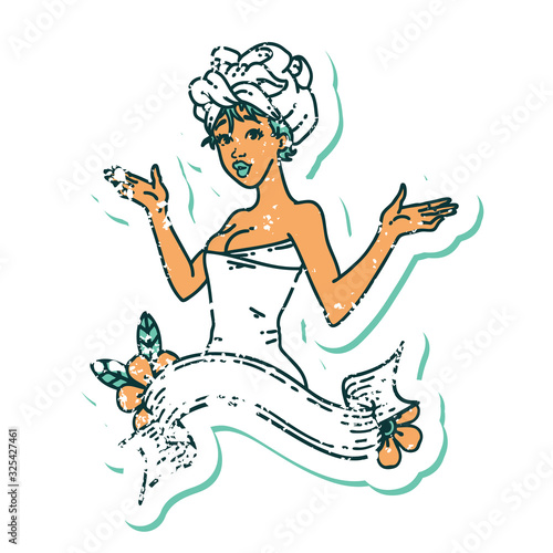 distressed sticker tattoo style icon of a pinup girl in towel with banner