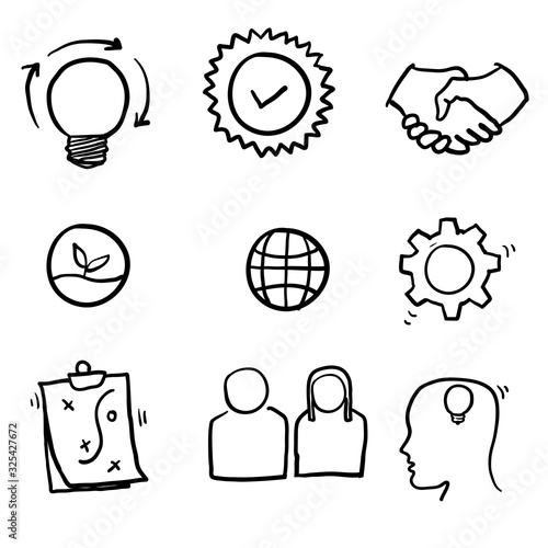 hand drawn Core Values symbol collection. Mission, integrity value icon set with vision, honesty, passion, and collaboration as the goal or focus.doodle style