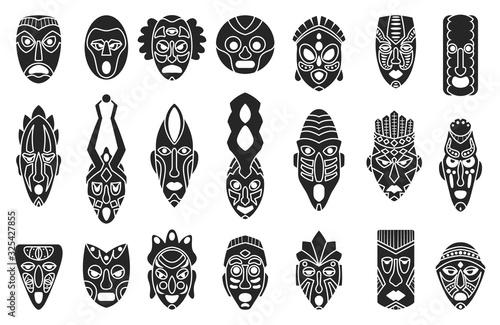 African mask black set icon.tribal African mask black vector illustration on white background .Vector illustration set icon face voodoo.
