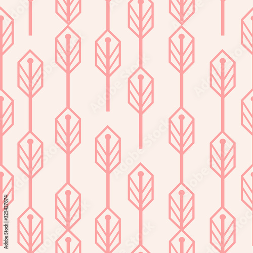Seamless Pattern Of Floral Geometric Leaves On Pink Coral Background