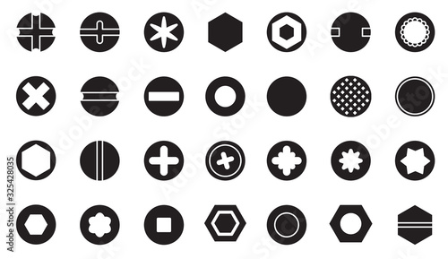 Head of fastener vector black set icon.Isolated icon head fastener of bolt. Vector illustration metal rivet of screw on white background .