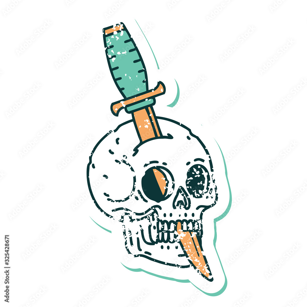 distressed sticker tattoo style icon of a skull and dagger distressed sticker tattoo style icon of a skull and dagger