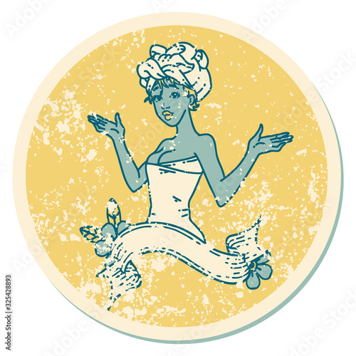 distressed sticker tattoo style icon of a pinup girl in towel with banner