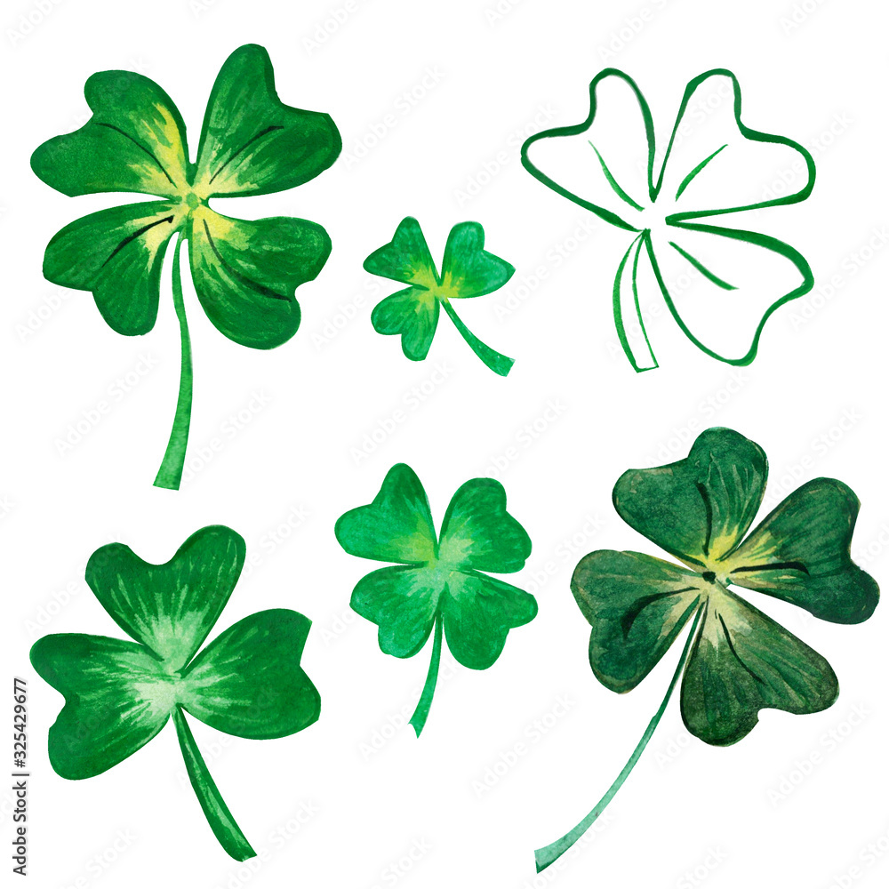 Set of green clover leaves isolated on white background. Watercolor hand drawn Trifolium leaves illustration Set of green clover leaves isolated on white background. Watercolor hand drawn Trifolium leaves illustration