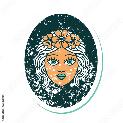 distressed sticker tattoo style icon of a maiden with crown of flowers