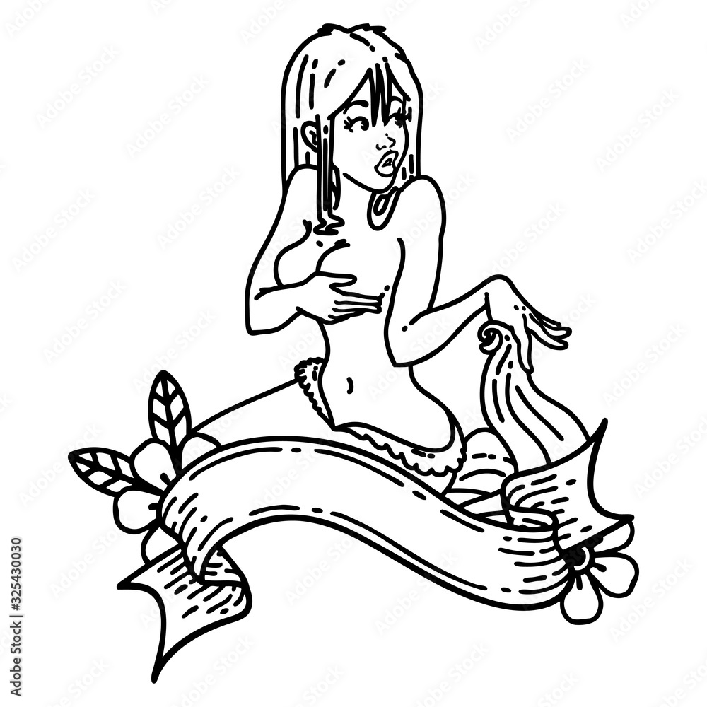 black line tattoo of a pinup mermaid with banner black line tattoo of a pinup mermaid with banner