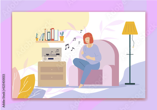 Listening to Music on Turntable and Singing Hobbies Vector Cartoon. Woman Enjoys Jazz or Pop Songs on LP-player Sitting on Armchair in Living Room. Home Party. Leisure and Relax. Flat Illustration