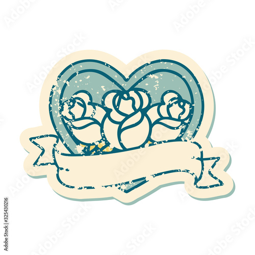 distressed sticker tattoo style icon of a heart and banner with flowers