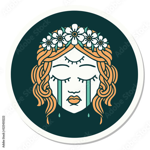 tattoo style sticker of female face crying with third eye