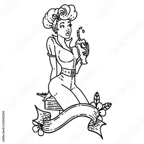 black line tattoo of a pinup girl drinking a milkshake with banner