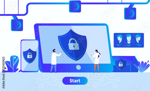 Data Security, Digital Information and Privacy Protection Application Advertisement. Metaphor Webpage with Start Button and Scientists Characters Standing near Huge Devices. Vector Flat Illustration