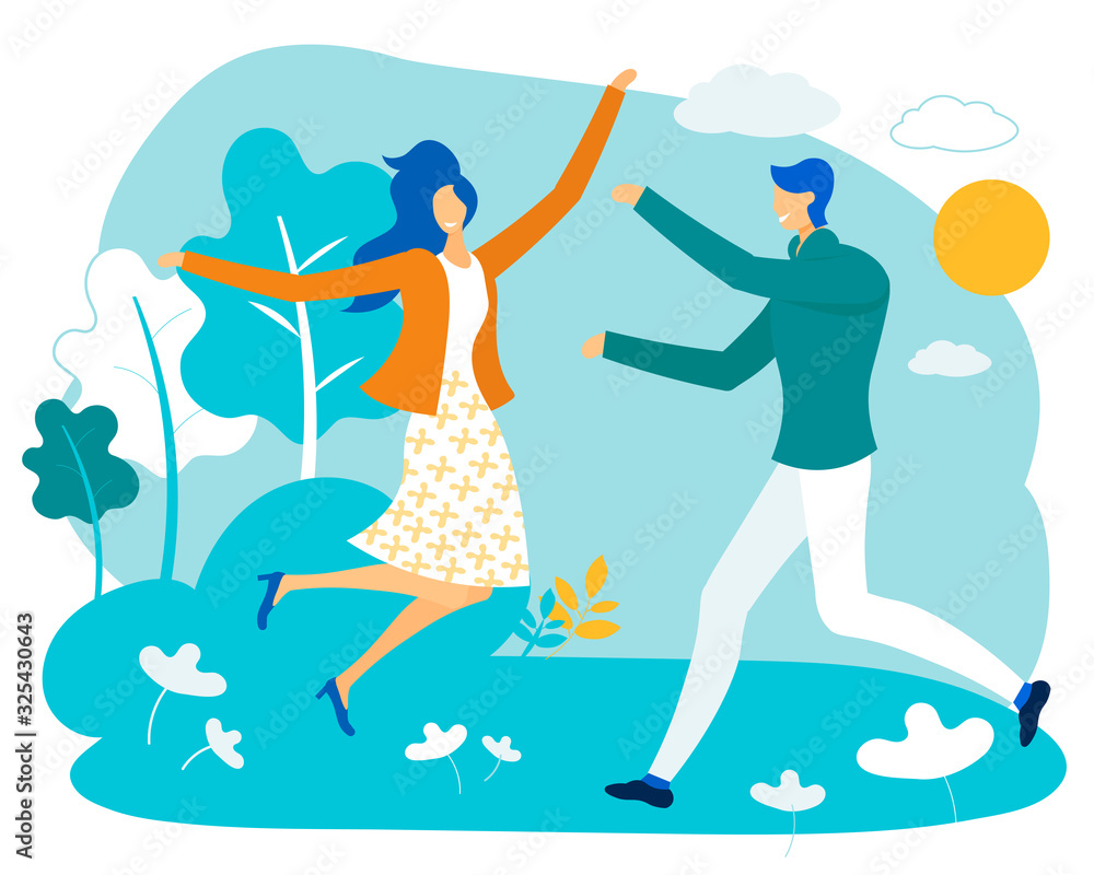 Loving Couple Walking in City Park in Sunny Summer Weather, Young People Playing Outdoors, Running and Jumping. Leisure, Sparetime, Love, Happy Relations, Outdoors. Cartoon Flat Vector Illustration