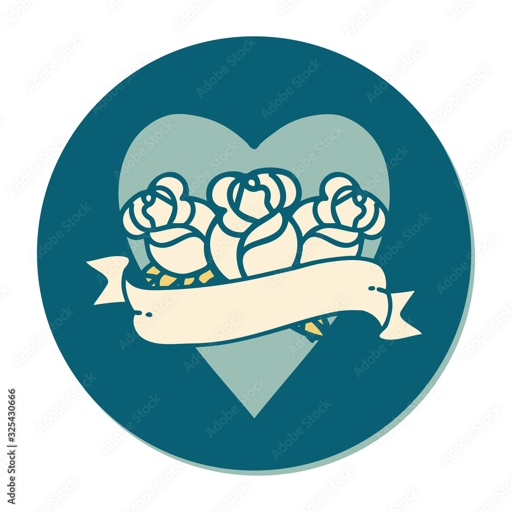 tattoo style sticker of a heart and banner with flowers tattoo style sticker of a heart and banner with flowers