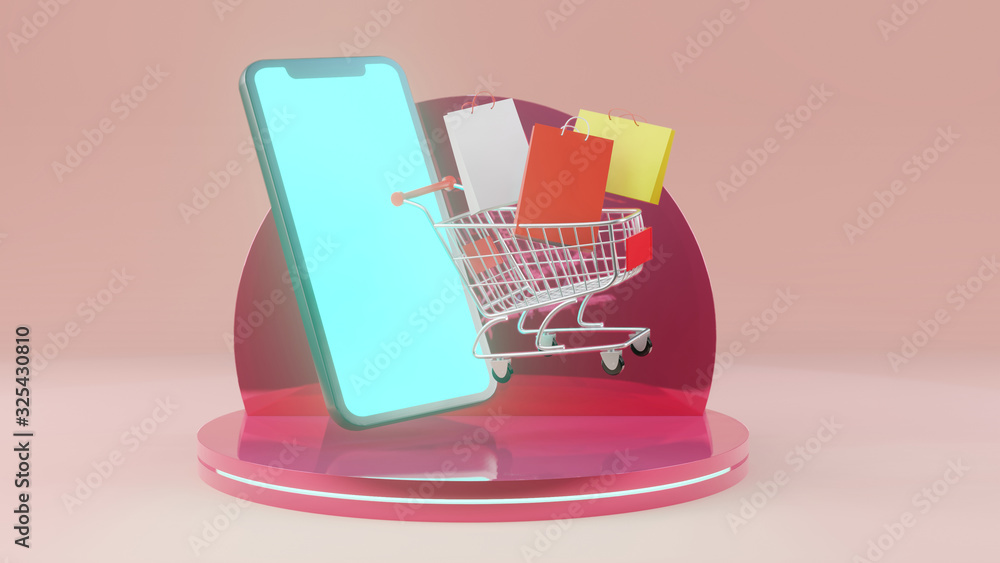 3d  illustration shopping online., smart phone, cart, bag