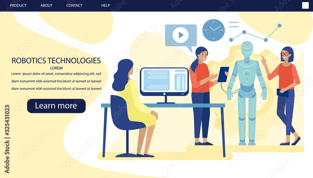 Landing Page Advertising Modern Scientific Laboratory for Robots Production. Female Engineers and Scientists Program and Code Huge Robot Using Robotics Hardware and Software. Vector Flat Illustration