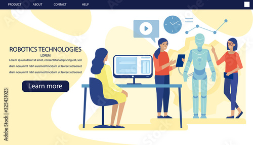 Landing Page Advertising Modern Scientific Laboratory for Robots Production. Female Engineers and Scientists Program and Code Huge Robot Using Robotics Hardware and Software. Vector Flat Illustration