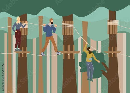 Extreme Rope Park in Forest Flat Illustration. People Sliding on Zip Line, Tourist Active Recreation. Adults Cartoon Vector Characters Riding Adventure Park Zipline. Outdoor Pastime and Leisure