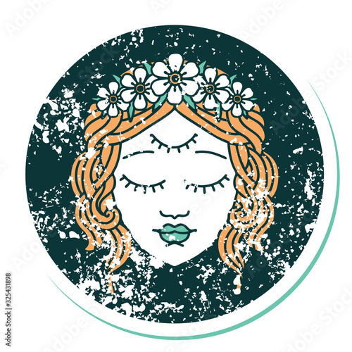 distressed sticker tattoo style icon of female face with third eye