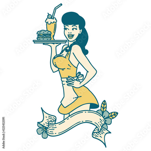 tattoo style icon of a pinup waitress girl with banner